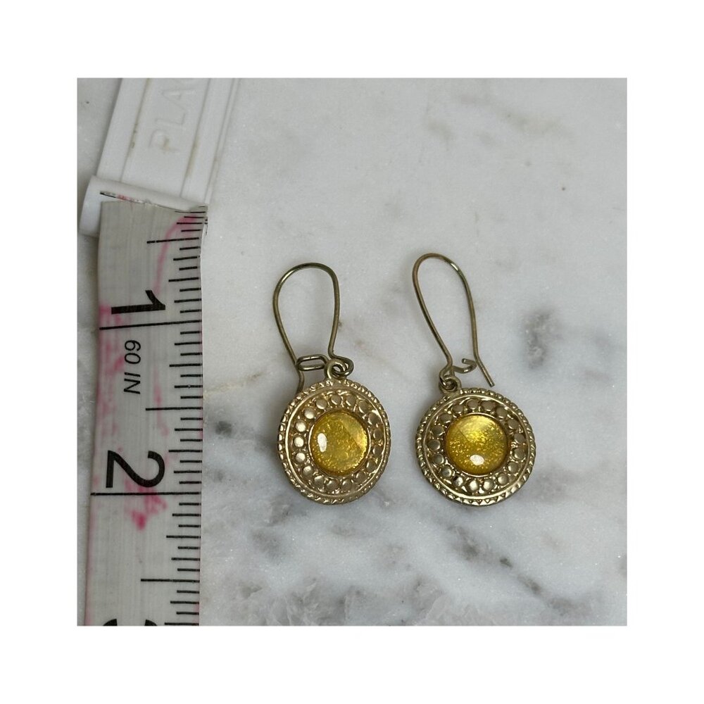 Vintage Gold Tone Drop Earrings with Honey Yellow Cabochons Oval Filigree Dangle - Picture 3 of 5
